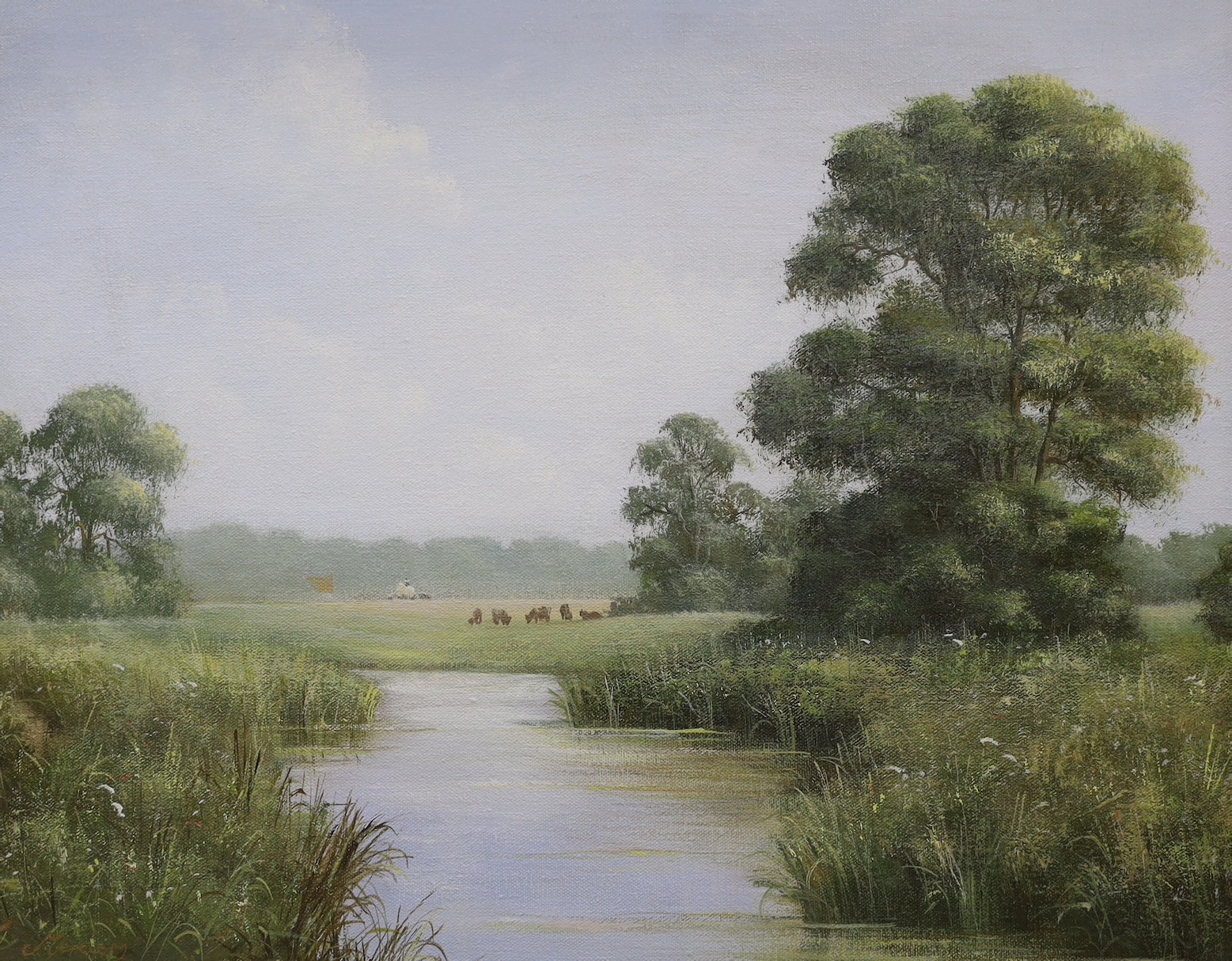 Edward Hersey (1948-), oil on canvas, River landscape with cattle, signed, 40 x 50cm